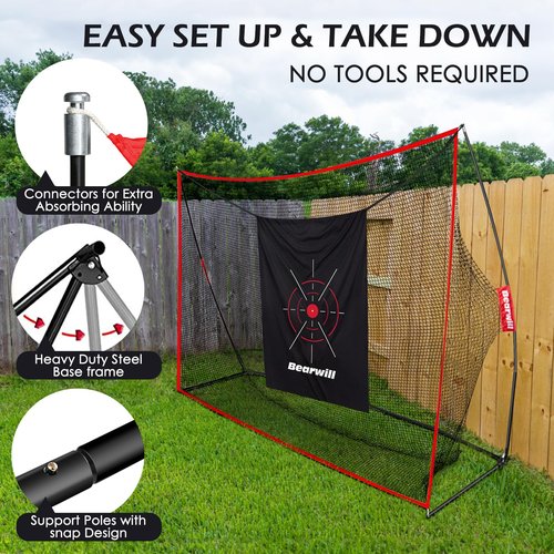 Bearwill Golf Net, 10x7ft Heavy Duty Golf Practice Nets with Mat, Target Cloth, 8 Tees, 6 Balls, Carry Bag for Backyard Driving Chipping Indoor Outdoor Training