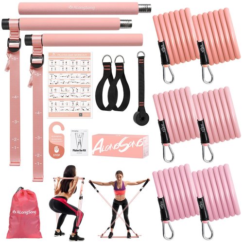ALongSong Upgraded Pilates Bar Kit with Resistance Bands Natural Latex, Adjustable Exercise Equipment Multifunctional Yoga Pilates Stick for Home Gym Supports Full-Body Workouts,Coral Pink