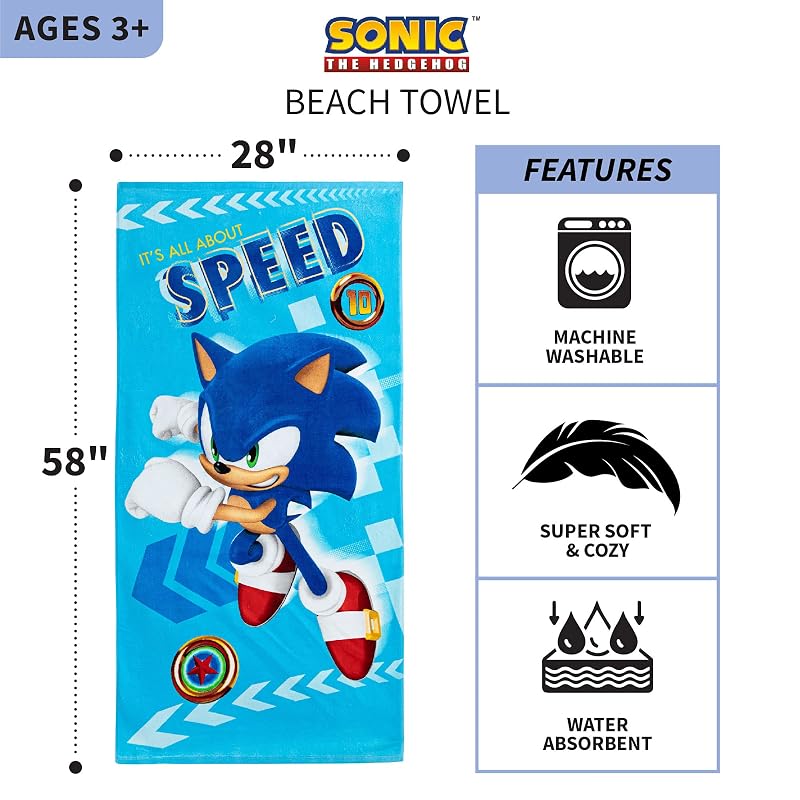 Sonic The Hedgehog Beach Towel 58 x 28 in - Recycled Polyester, Ready to Run Pattern (Variation: Sonic+58 in x 28 in)