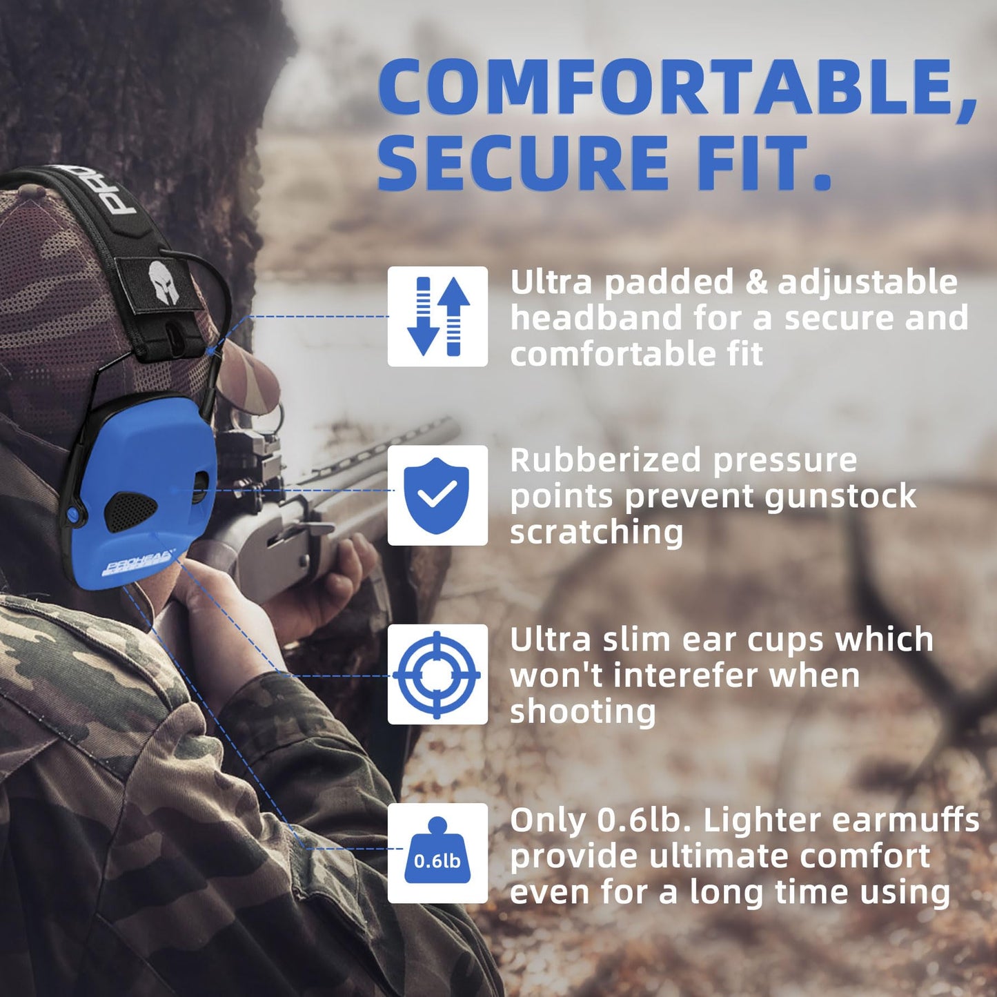 PROHEAR Electronic Ear Protection for Shooting with 4X Sound Amplification, Gun Range Hearing Protection Muffs, NRR 23dB Noise Reduction Headphones for Hunting, Blue