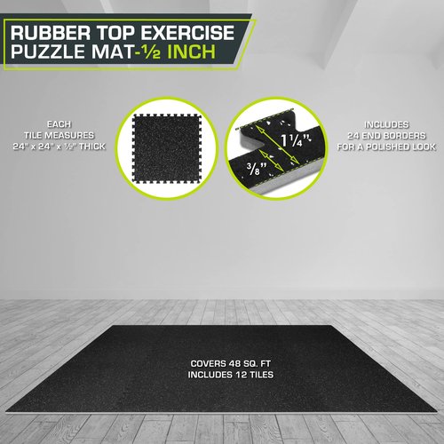 ProsourceFit Rubber Top Exercise Puzzle Mat ½-inch, 48 SQFT, 12 Tiles, EVA Foam Interlocking Tiles for Home Gym Protective Flooring for Equipment and Workouts, Grey