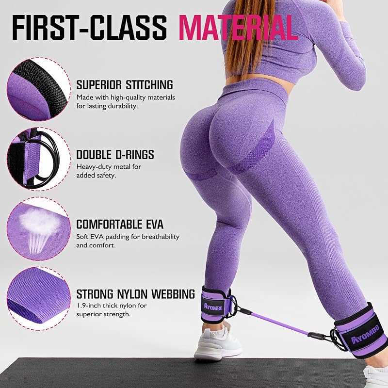 Ankle Resistance Bands with Cuffs 60LBS – Purple, 3-Level Resistance, Leg & Glute Training Set