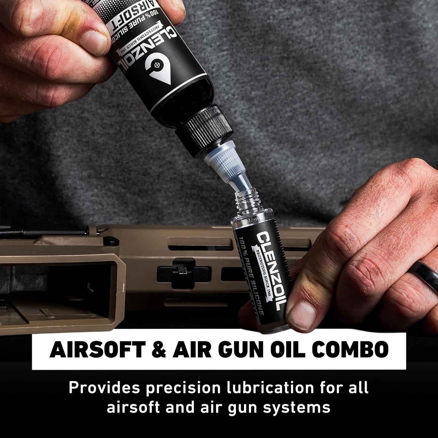 Clenzoil Airsoft & Air Gun Oil - 2 oz Combo Airsoft Oil - for Air Rifles & Airsoft Pistols - Pure Silicone Oil for Gun Lubrication - Made in The USA - 2 oz Bottle & 0.5 oz Needle Oiler Combo Pack