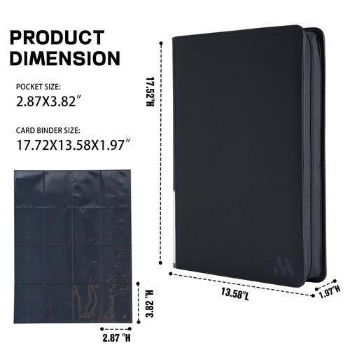 MORABTO Card Binder 16 Pocket,Trading Card Binder Holds up to 1408 Cards with 44 Sleeves,Zipper Card Holder Album Compatible with TCG/Sports Cards Black