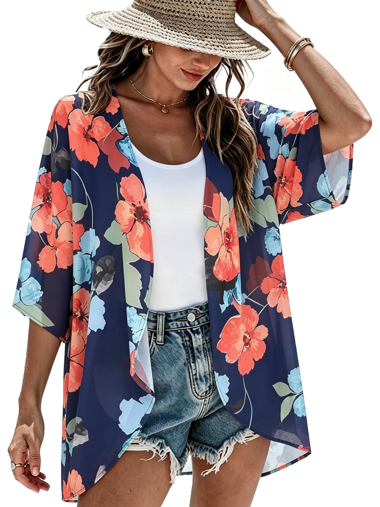 Summer Kimono Cardigan for Women Sheer Light Tops Casual Open Front Swimwear Shirts Beach Cover ups (Oil Blue,5XL)