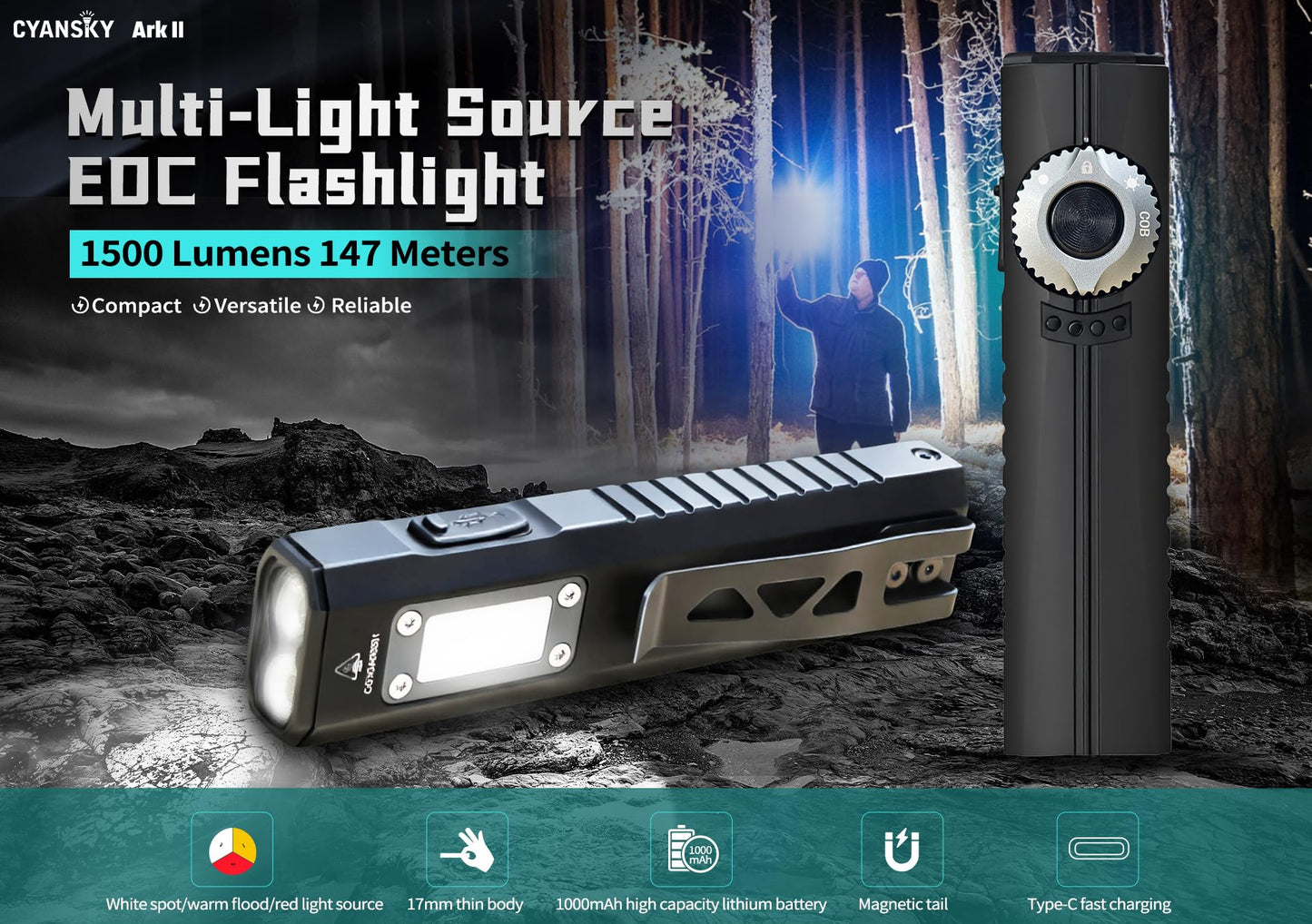 CYANSKY Ark II EDC Flat Flashlight, 1500 Lumen White Light LED Light, Powered by Rechargeable Internal Battery, for Outdoors, Emergencies, Work (Black)