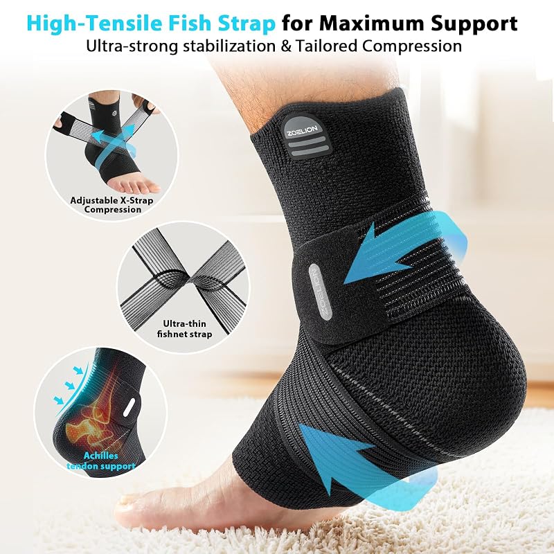 Ankle Support Brace with Removable Fishnet Strap — 3D Knit Compression for Plantar Fasciitis & Achilles Tendonitis, Black/L Pack of 1