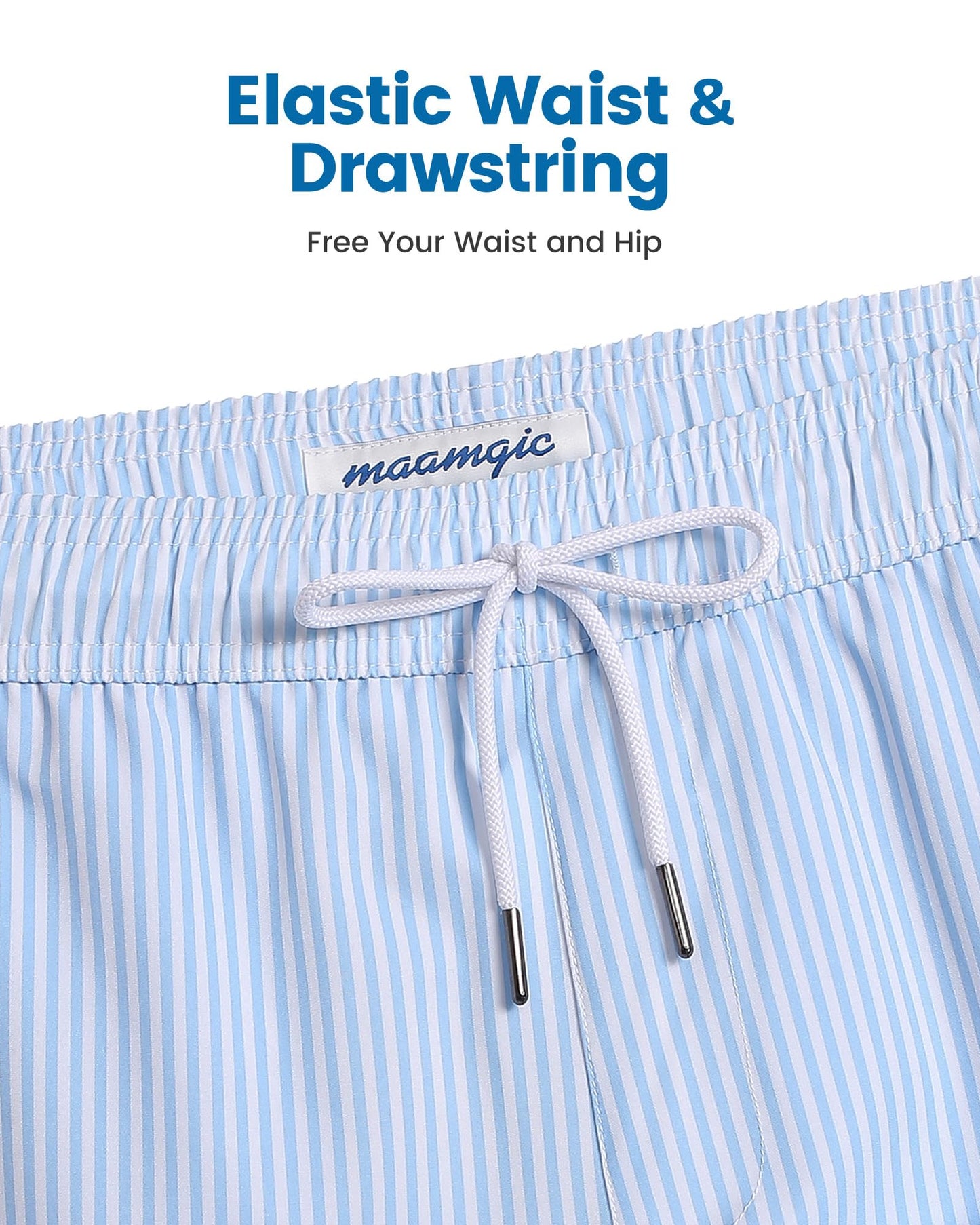 maamgic 2 in 1 Mens Swim Trunks 7 Inch Swim Shorts Swim Suits Board Shorts Blue Stripe-White Small