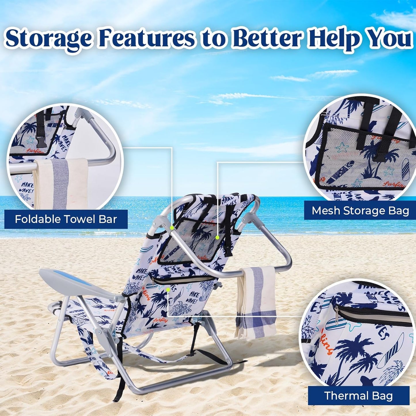 2 Pack Lightweight Portable Camping Beach Chair for Adults, Outdoor Lay Flat Folding Beach Chairs with 5 Positions, Backpack Beach Chair with Towel Bar, Zipper Pouch, Cup Holder, Ocean Striped