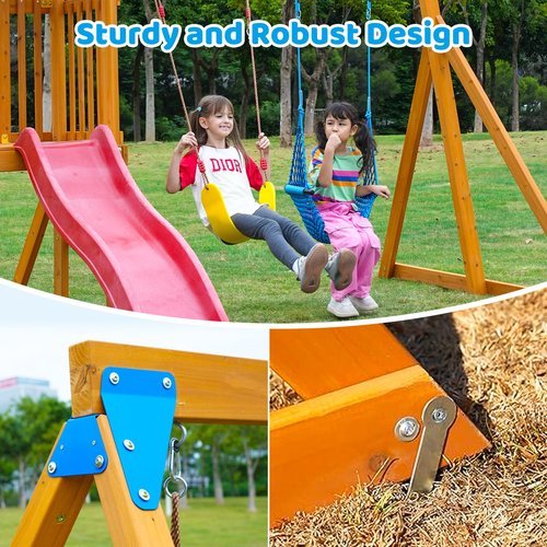 Suniboxi Swing-Sets with Monkey Bars for Backyard, Wooden Playground Set for Kids Ages 3-8, Outdoor Playset with Wave Slide, Play Deck, Rock Wall Ladder, Belt Swings & Canopy for Toddlers to Big Kids