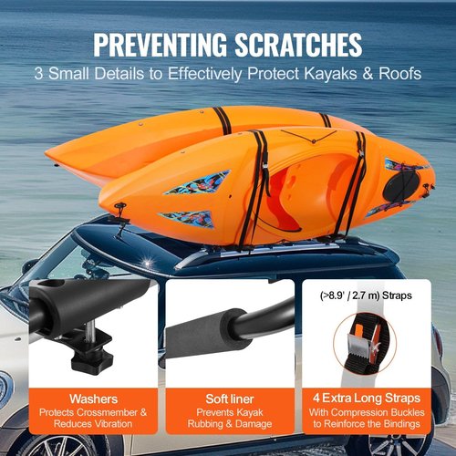 Kayak Roof Rack 1 Pair J-Bar, Soft Roof Rack, Top Mount Tie Down, Carrier for Kayak, Surf Board, Canoe, SUP, Ski Board, Mount on Car, SUV, Truck, 2 Kayaks