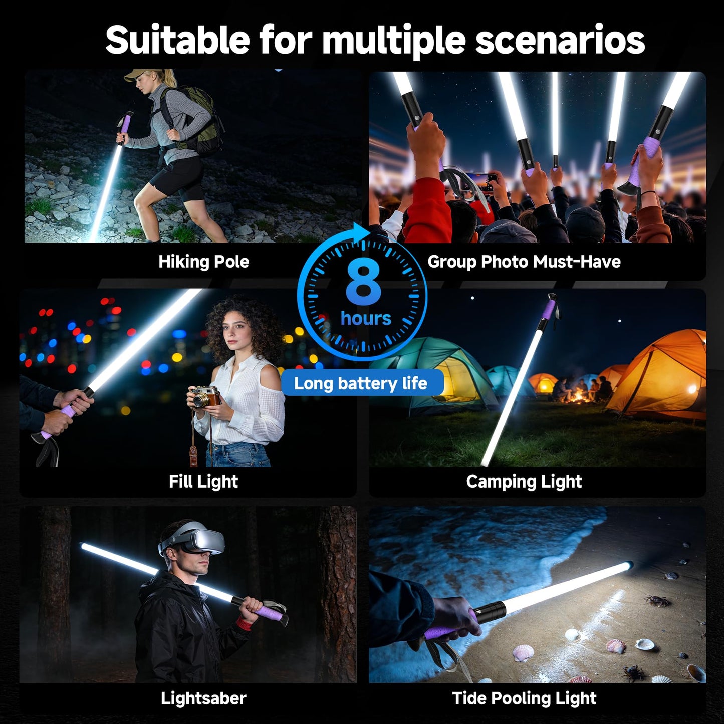 LED Illuminated Hard Hiking Poles, Lighting Tools and Warning Functions, USB Charging, 8-Hour Battery Life, IP55 Waterproof