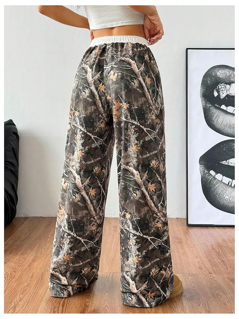 SOLY HUX Women's Camo Wide Leg Sweatpants - Green Camo, Medium