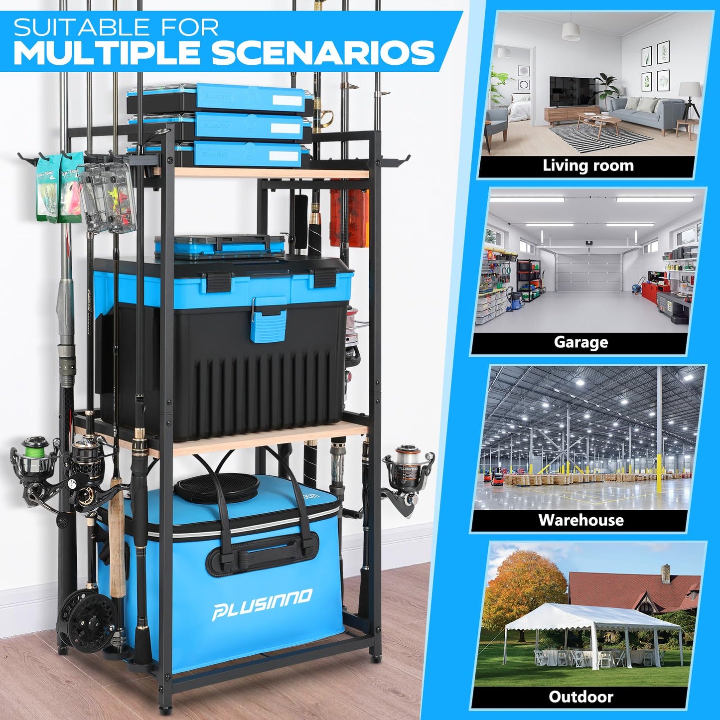 PLUSINNO 3 Tier Fishing Rod Holder, Fishing Pole Holders for Garage, Fishing Rod Rack Fishing Rod Storage Up to 8 Rods, Fishing Gear Tackle Box Fishing Equipment Organizers, Fishing Gifts for Men