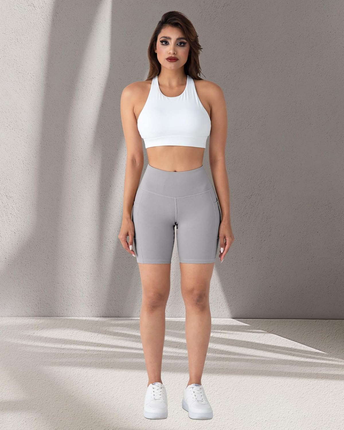 2 Packs Biker Shorts with Pockets for Women, Tummy Control High Waist Spandex Shorts 8" (2BlackDGrayLGray, XL)