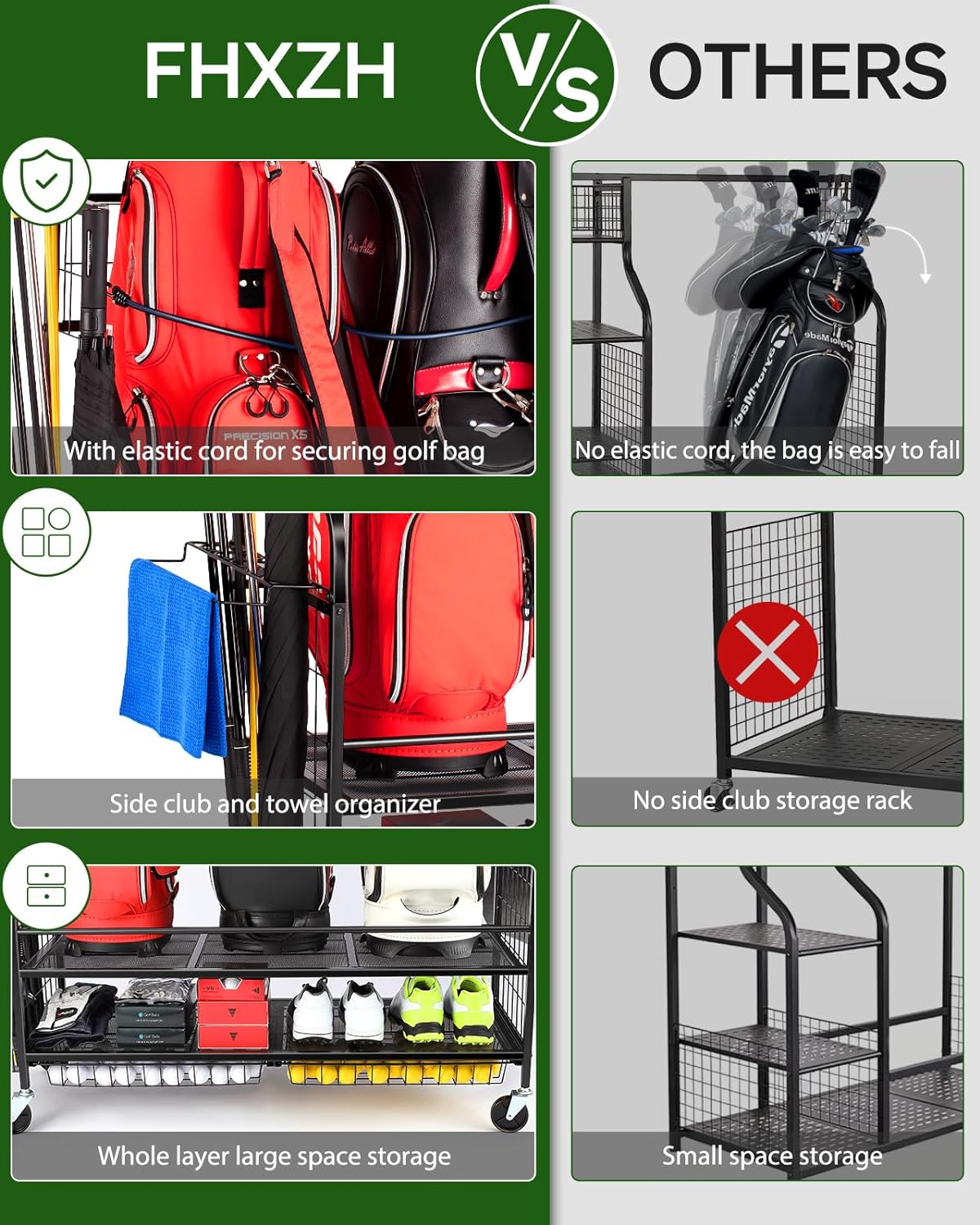 3 Golf Bag Storage Garage Organizer, Golf Bag Stand Fit for 3 Golf Bags, Golf Clubs, Golf Balls, Golf Equipment Accessories, Golf Bag Storage Rack with Wheels for Garage, Club, Shed, Basement