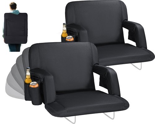 Gbekery Extra Wide Stadium Seats with Back Support,25" Wide 2 Pack Padded Reclining Bleacher Chairs with Back and Cushion,6 Reclining Positions,2 Steel Bleacher Hooks,Side Pockets & Cup Holders(Black)