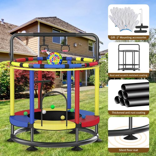 Trampoline for Kids, Full Anti-Rust 440lbs Anti-Rollover Round Bottom Toddler Trampoline, T-handrail Adjustable Baby Toddler Trampolines Dart Board Dark Red Yellow Blue (Dark Red Yellow Blue, 55)