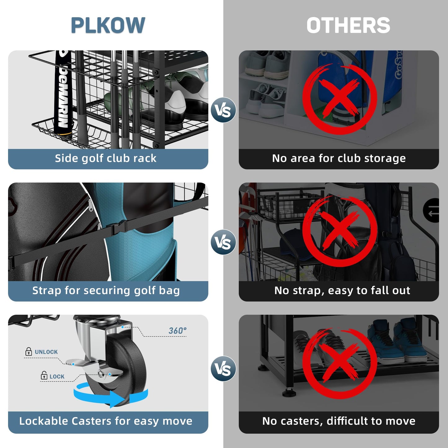 PLKOW Golf Storage Golf Bag Organizer Fits for 2 Golf Bags Golf Clubs Golf Equipment, Golf Bag Holder Golf Organizer for Garage Shed Basement