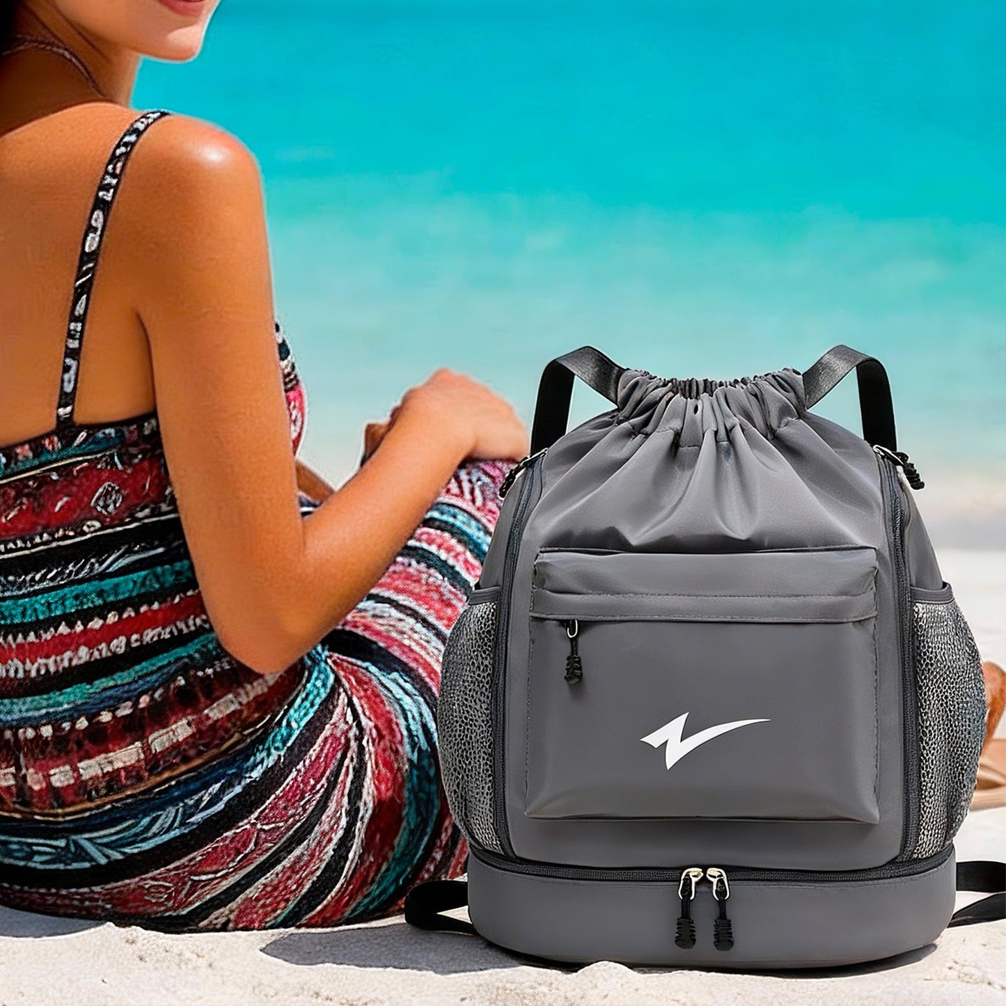 U·helper Sport Drawstring Backpack, Gym Bag with Mesh Side Pockets and Separate Shoe Compartment, Water-Resistant (Khaki)