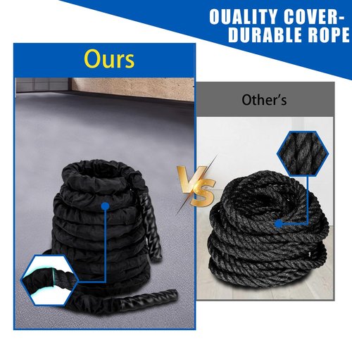 Exercise Battle Ropes 1.5 inch 30 ft - Heavy Duty Polyester Workout Ropes for Home Gym, Strength Training, and Fitness Equipment - Black