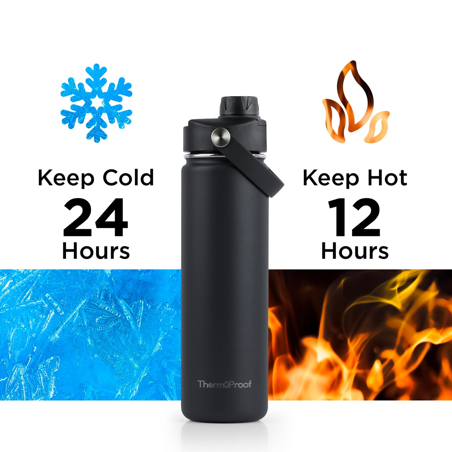 ThermoProof Double-Walled Vacuum Insulated Stainless Steel Water Bottle - Wide Mouth with Chug & Spout Lids, Dishwasher Safe, Reusable, Leakproof, Hot & Cold for Men, Women & Kids - 22oz, Black
