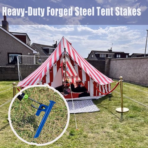4Pcs Heavy-Duty Forged Steel Tent Stakes – 12in & 16in Camping Ground Anchors for Rocky Terrain & Snow, Includes Storage Pouch (Blue)