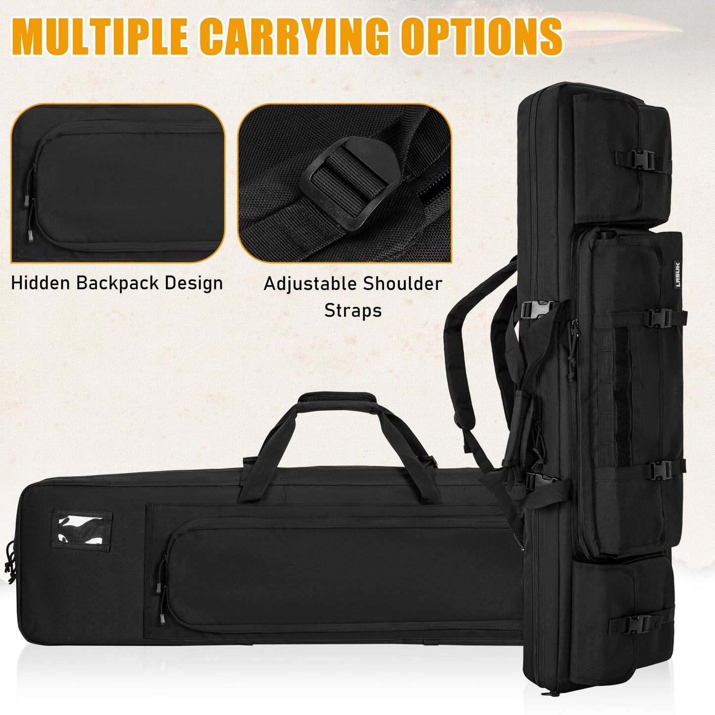 LASUK 55" Double Rifle Case Soft Gun Bag Tactical Backpack, Black