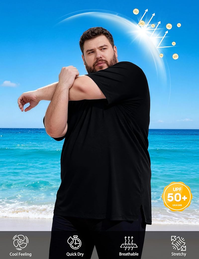 Men's Big & Tall Rash Guard Swim Shirt UPF 50+ Short Sleeve Black 4X-Large