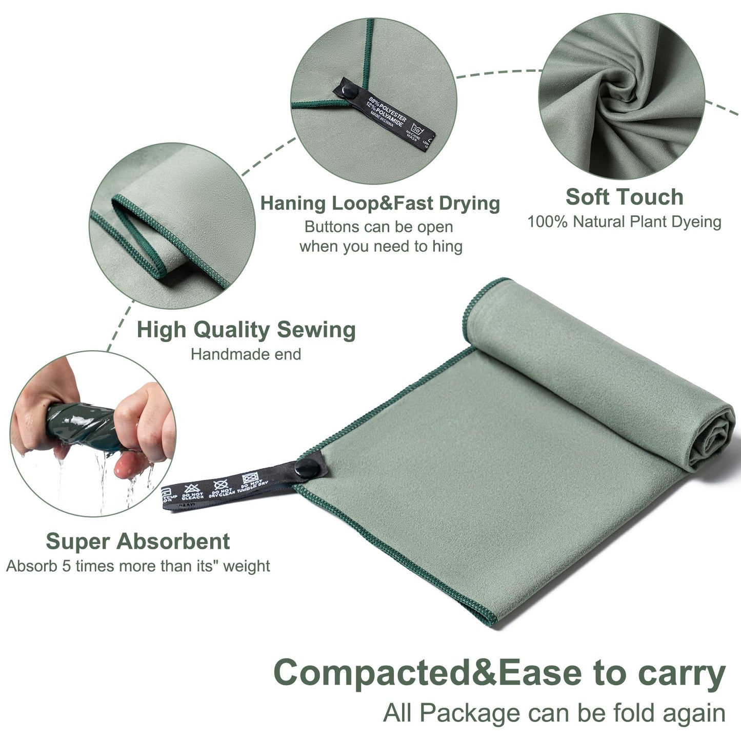 Aegero Camping Towel,2 Pack Microfiber Travel Sports Towel,Quick Dry-Super Absorbent-Ultra Compact-Ultra Soft-Lightweight.Suitable for Gym,Yoga,Trip,Beach,Shower,Backpacking,Pool(Army Green)