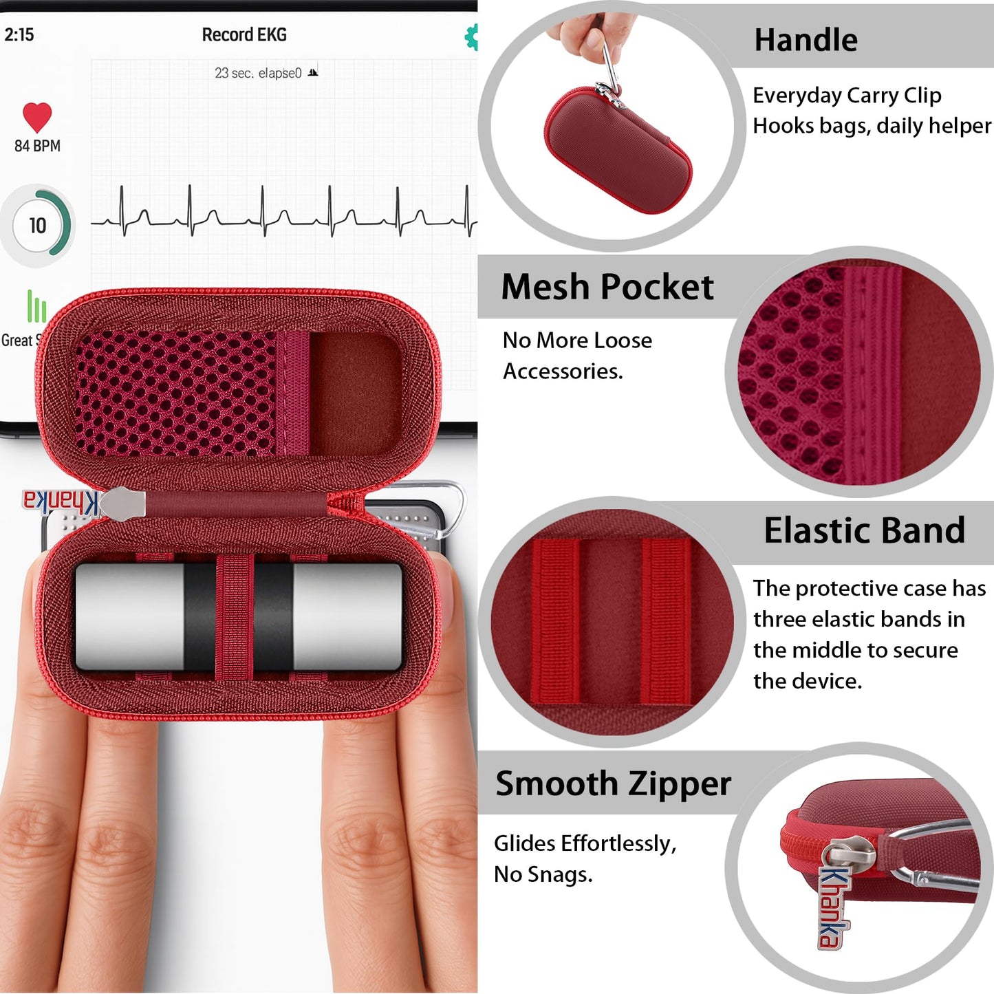 khanka Hard Case for AliveCor KardiaMobile ECG Monitor, Fits KardiaMobile 6L/6L Max, 6-Lead Personal EKG Device, Portable Heart Monitor Storage Case (Case Only)（Dark Red）