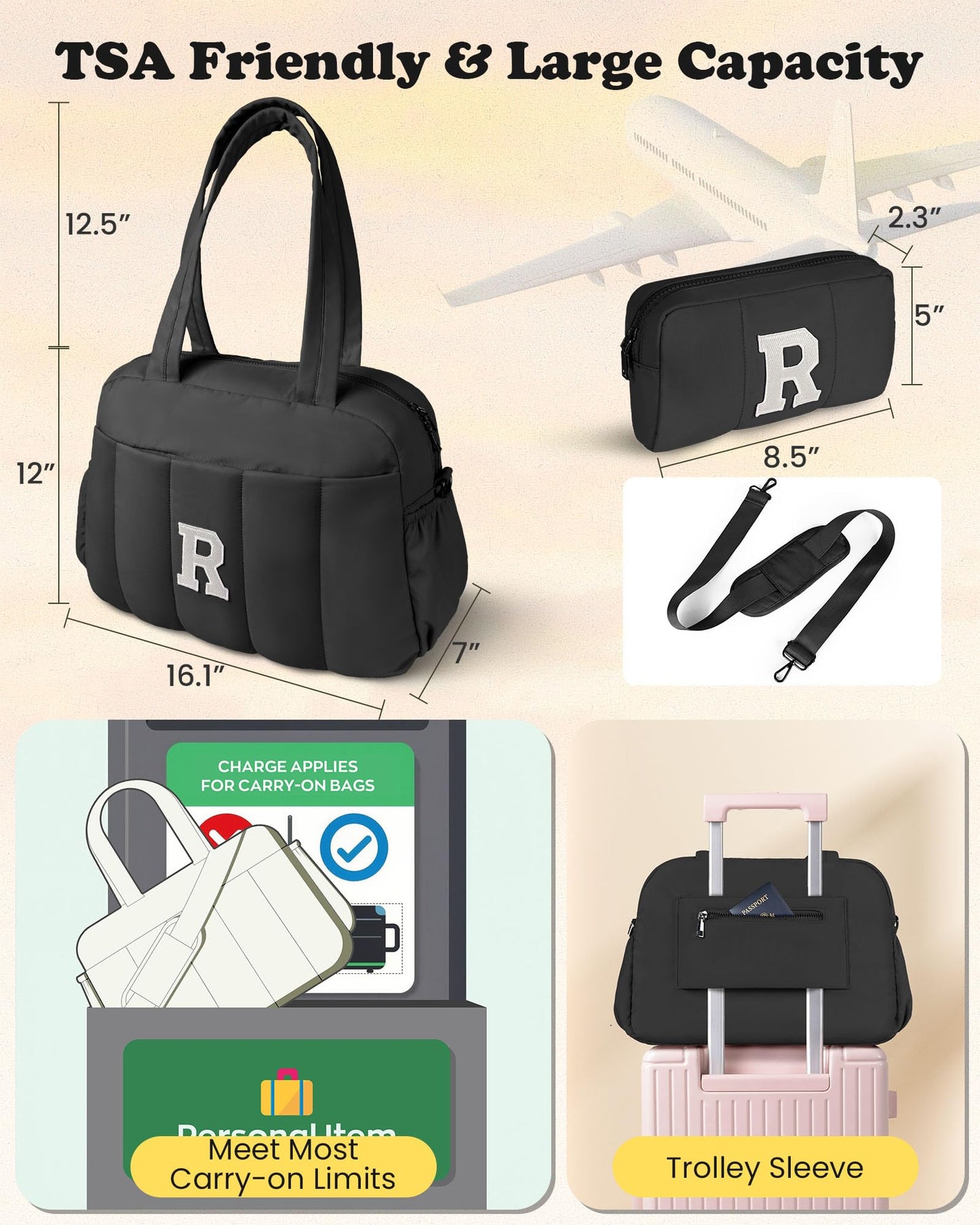 Vogewood Teenage Girl Birthday Gift-Monogram Gifts-Women Duffle Bag with Initial, Personal Item Travel Bags，Gym Bag with Wet Pocket，Lightweight Travel Bags Personalized Tote with Makeup Pouch