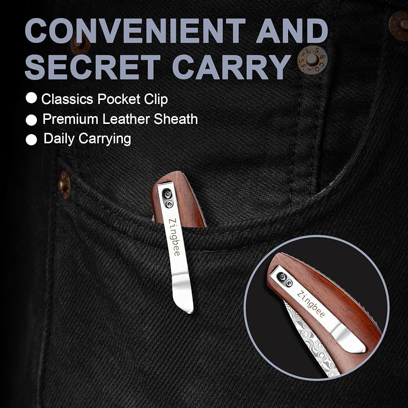 Damascus Pocket Knife with Rosewood Handle & Leather Sheath - 8.07in, DMPH