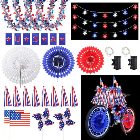 17pcs 4th of July Bike Decorations Patriotic Bicycle Decor Set Bike Wheel Lights LED Star String Light Tinsel Garland Streamer USA Flags Banner Independence Day Kids Bike Parade Red White Blue