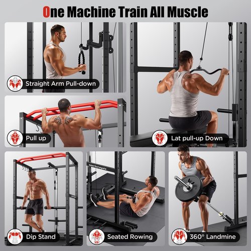 Sportsroyals Power Rack, Multi-Functional Power Cage with LAT Pulldown Pulley System, Squat Rack with More Training Attachments for Home Gym (RED)，1200 lbs Weight Capacity