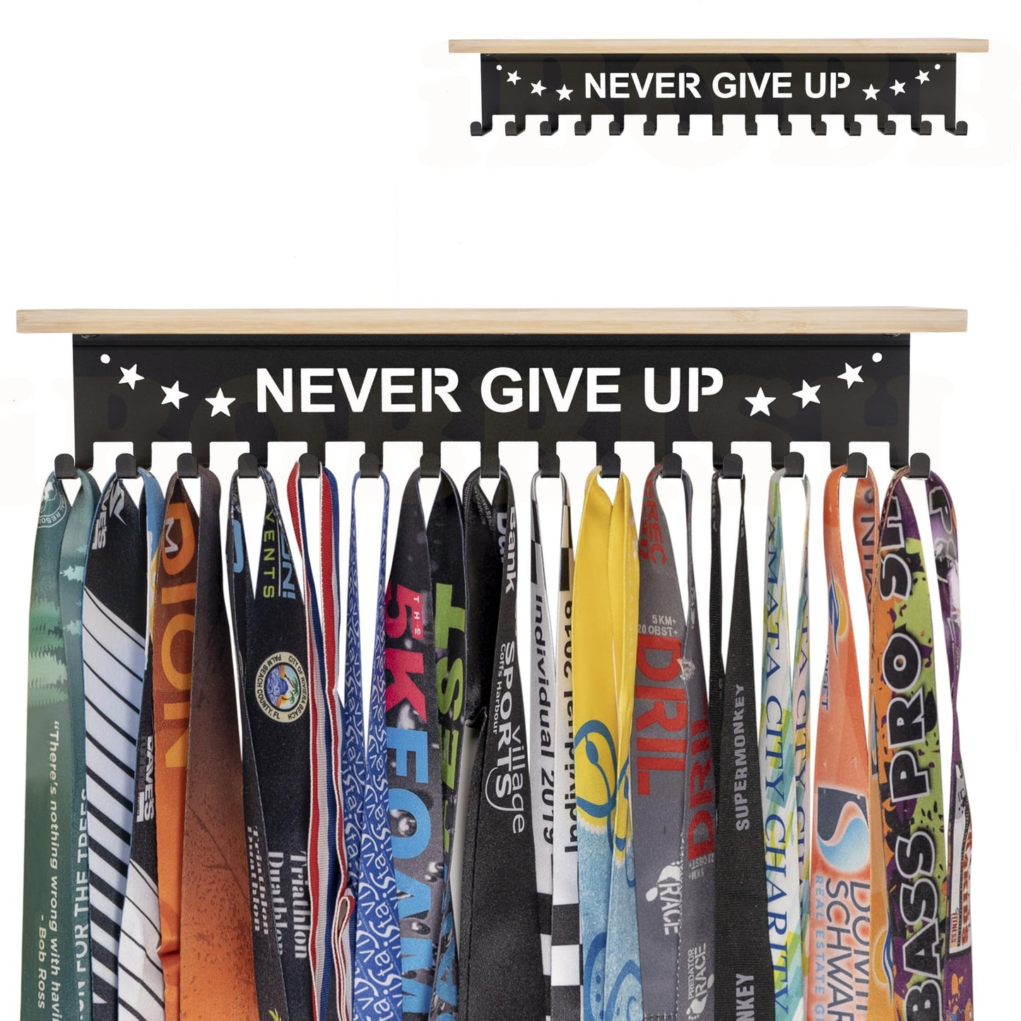iBobbish Trophy and Medal Hanger Display Shelf, 16inchL, Metal 20 Hooks, Extra Large Bamboo Trophy Board, 33lbs Weight Capacity