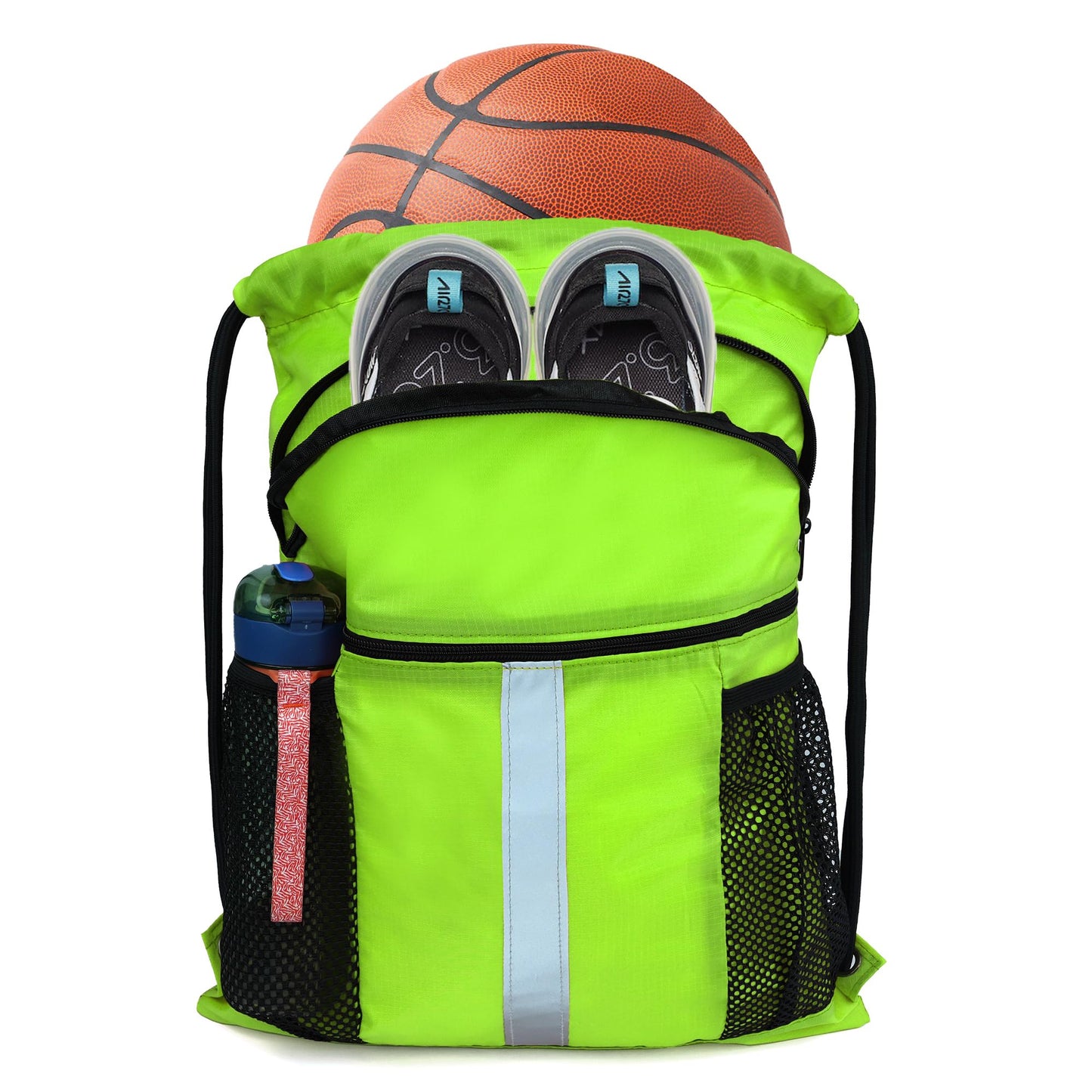 BeeGreen Yellow Drawstring Backpack with Shoe Compartment X-Large Gym Sports String Cinch Backpack Athletic Sackpack with Front Inside Zipper Pockets