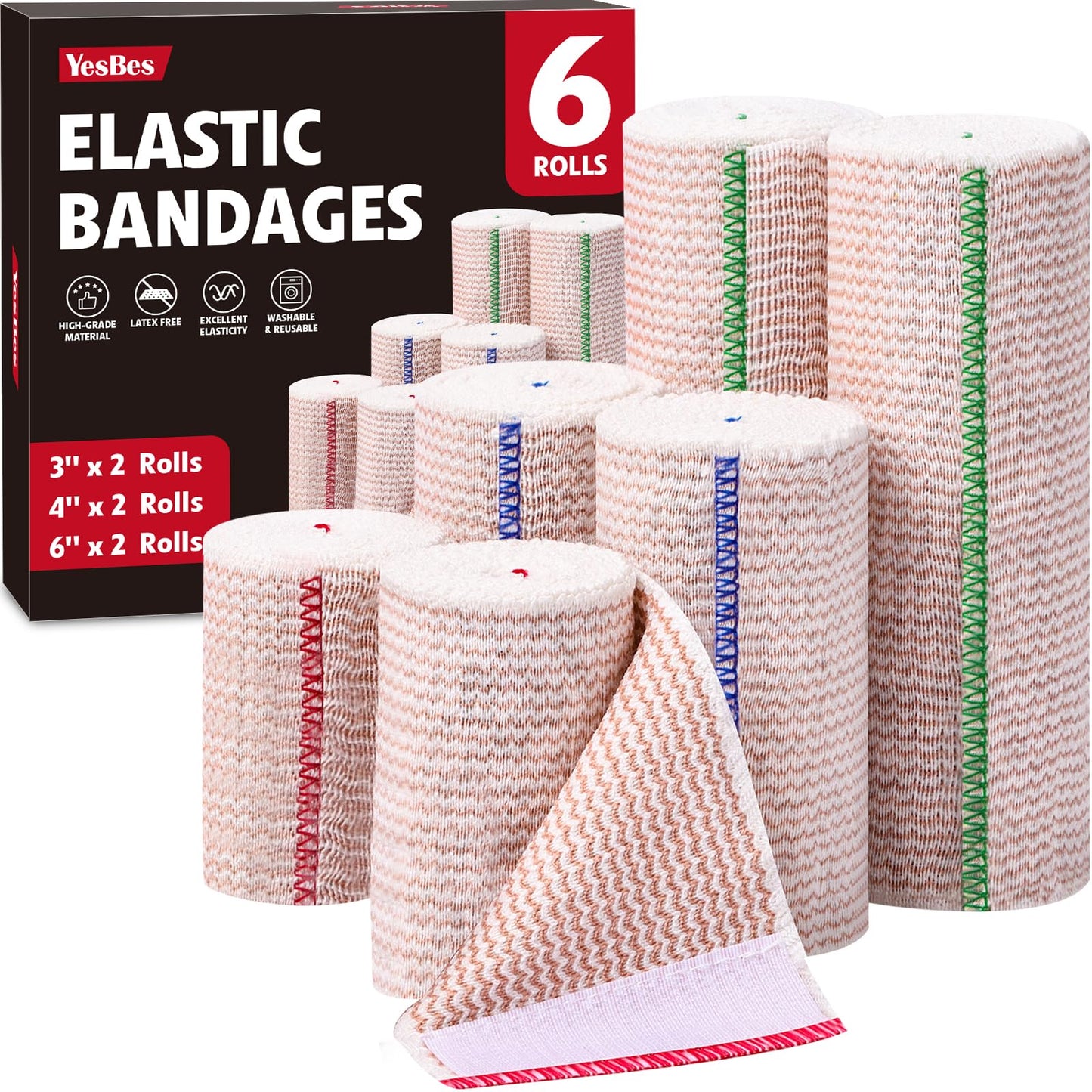 YesBes 6 Pack Premium Elastic Bandage Wrap(2x2, 2x3, 2x4), Compression Bandage Wrap, Lymphedema Wraps for Legs, Ankle, Knee, Tummy