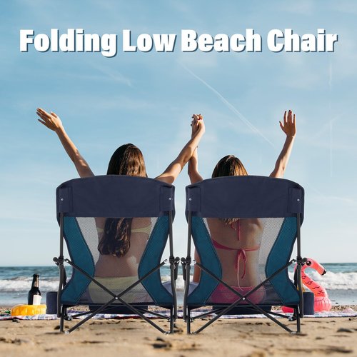 Homcosan Portable Low Folding Beach Chairs Set of 2 - Lightweight Camping Chairs for Adults with Cup Holder & Storage Pockets, Carry Bag Included (Navy & Blue)
