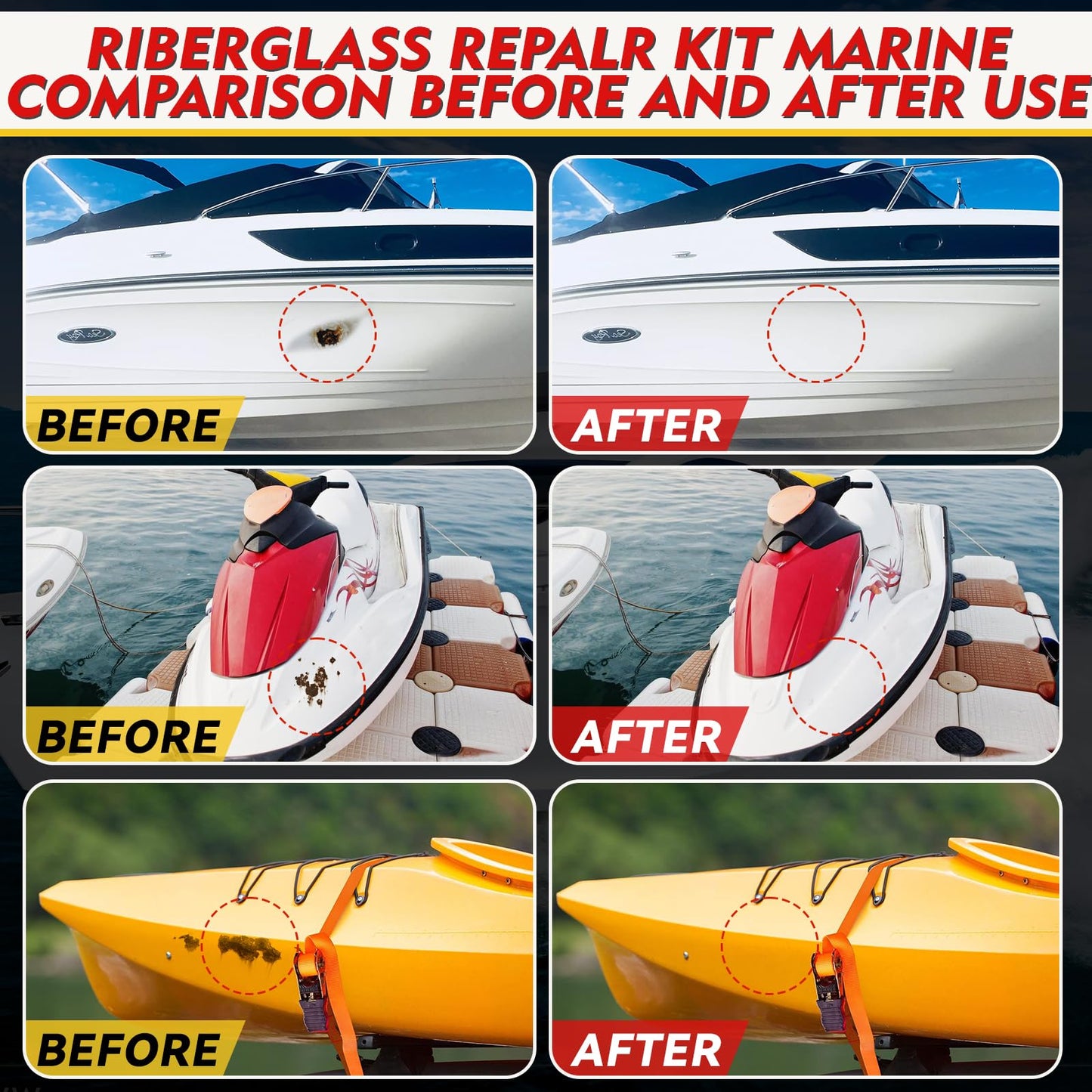 Yeardera Marine Fiberglass Repair Kit, Boat Gel Coat Repair Kit, Waterproof Fiberglass Repair Kit for Boats & Kayaks, Fiberglass Kit Fix Holes, Chips, Deep Cracks, Scratches(Color Match)