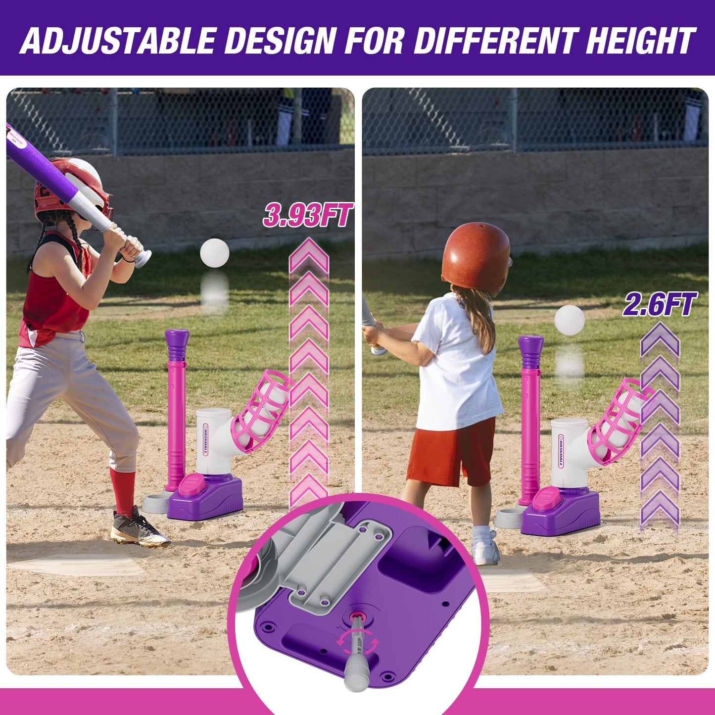HYES Tball Set for Toddlers 3-5, Tee Ball Set with Step on Pitching Machine/Adjustable Batting Tee/Retractable Baseball Bat/8 Pop Up Balls, Outdoor Sport Toy Games for Kids Girls