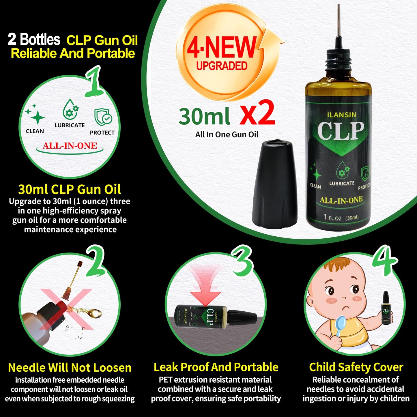 ILANSIN Gun Cleaning Patches+ Gun Cleaning Swabs+ CLP Oil, All in One Gun Lubrication,6" Long Cotton Swab,Lint Free Gun Cleaning Cloth, Fit All Caliber Firearms,Gun Cleaning Supplies Storage in Box