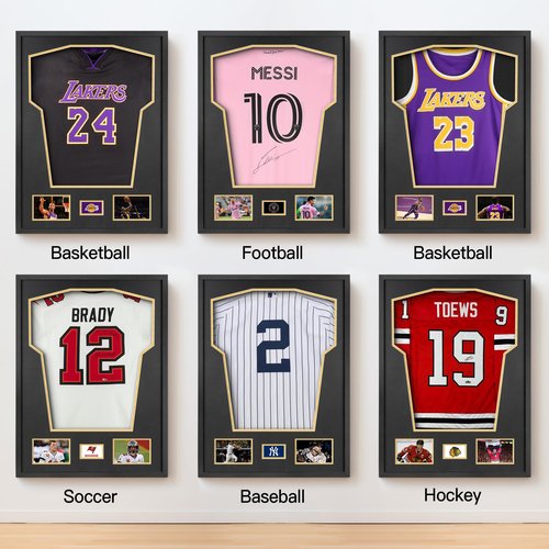 Yaetm Jersey Display Frame Case, Large Sport Jersey Shadow Box with Tempered Real Glass and Hanger for Baseball Basketball Football Soccer Hockey Shirt and Uniform, Two 4x6 Photos, Single, Black