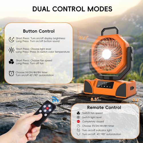 OUTTPLY 20000mAh Portable Camping Fan, Rechargeable Battery Powered Fan with Remote Control & Oscillating, LED Display, Light, Timer, Rotation, Hanging Hook for Outdoor Camp, Beach, Travel Tent