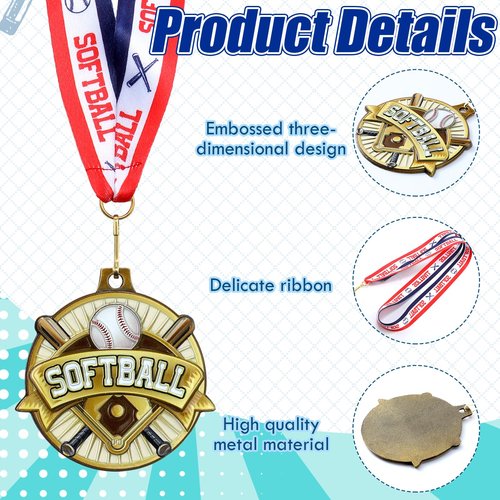 Ecation 12 Pcs Softball Medals 2 Inch T-Ball Team Medal Awards Softball Metal Medals Gold Baseball Sports Award Medals with Neck Ribbon for Kids(Softball)