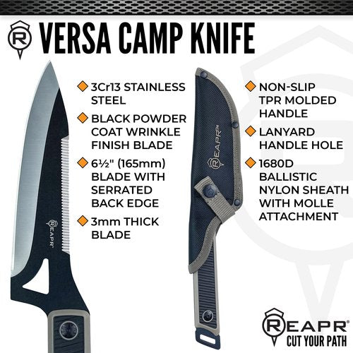 Reapr Versa Camp Fixed Blade Knife – 6.5″ Black-Cerakote 420 Stainless Steel Blade with Serrated Spine & TPR Handle, Full Tang Outdoor Knife with Belt Sheath
