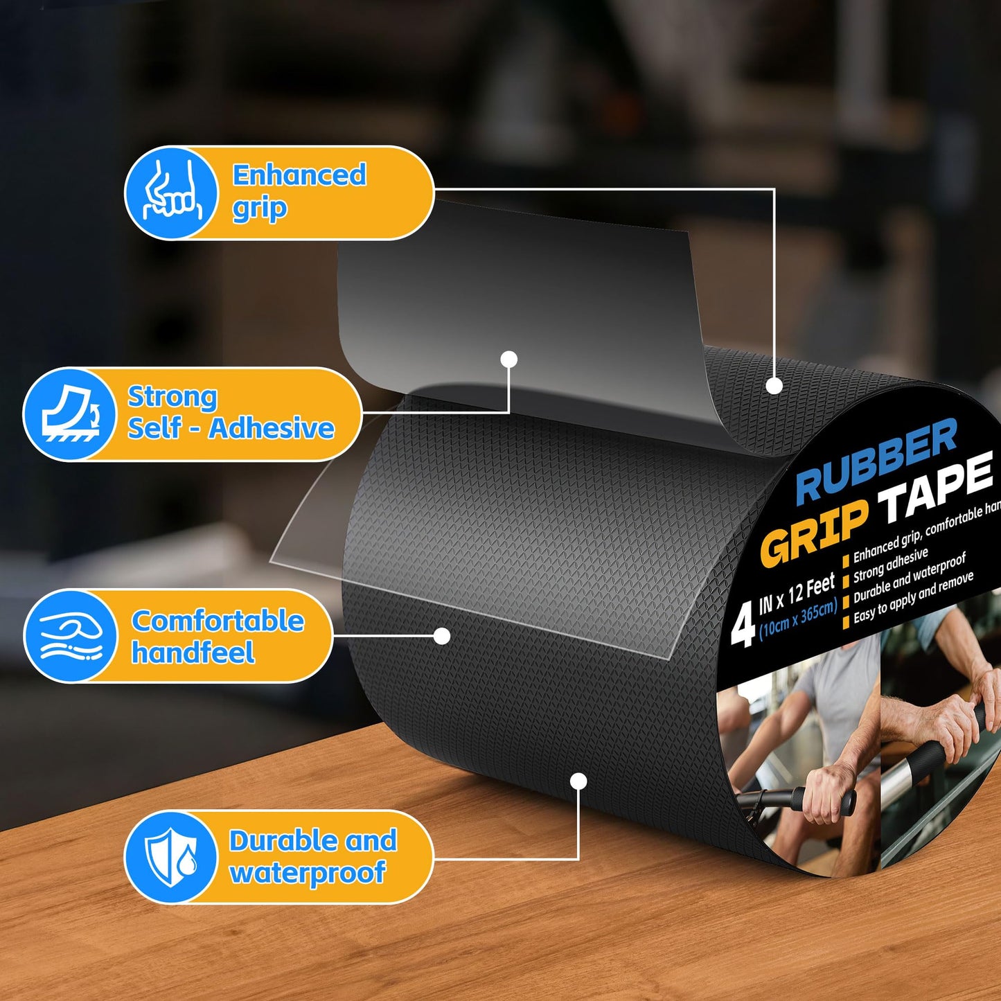 Xfenvs Rubber Grip Tape, 4 in x 12 Ft Black Ultra-Thin Strong Adhesive Non-Slip Tape, Anti-Slip Grip Tape for Handles, Waterproof Heat Resistant Cushion Grip, Comfortable in Hands
