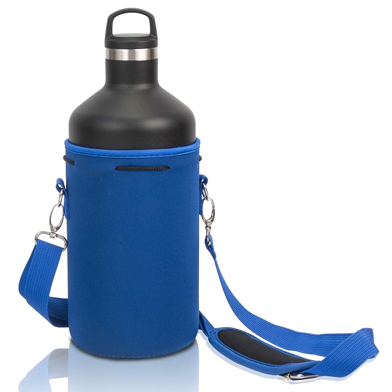 Neoprene Water Bottle Carrier with Adjustable Shoulder Strap - 64oz XL (Blue) for Insulating & Carrying Canteen