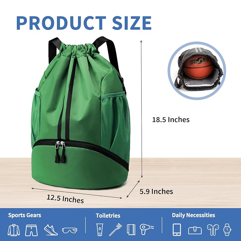 Drawstring Gym Backpack with Shoes Pocket - Dark Green, Large