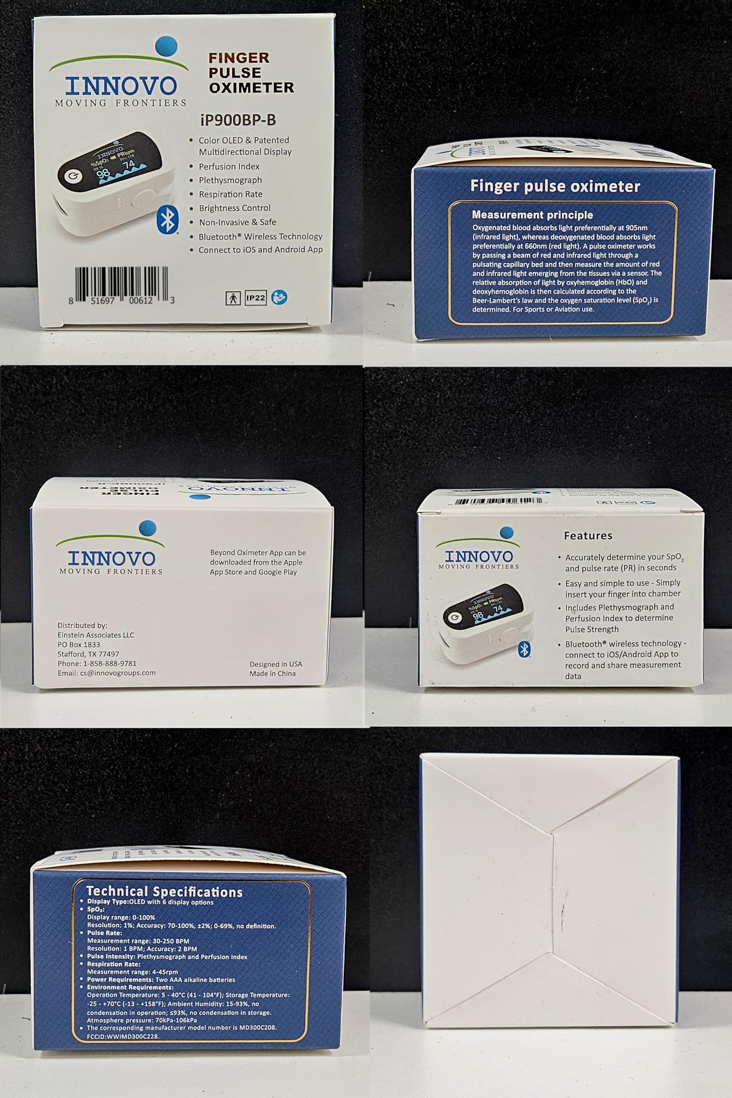 Innovo iP900BP-B Fingertip Pulse Oximeter, Blood Oxygen Monitor with Free App, Plethysmograph, and Perfusion Index (with Bluetooth)
